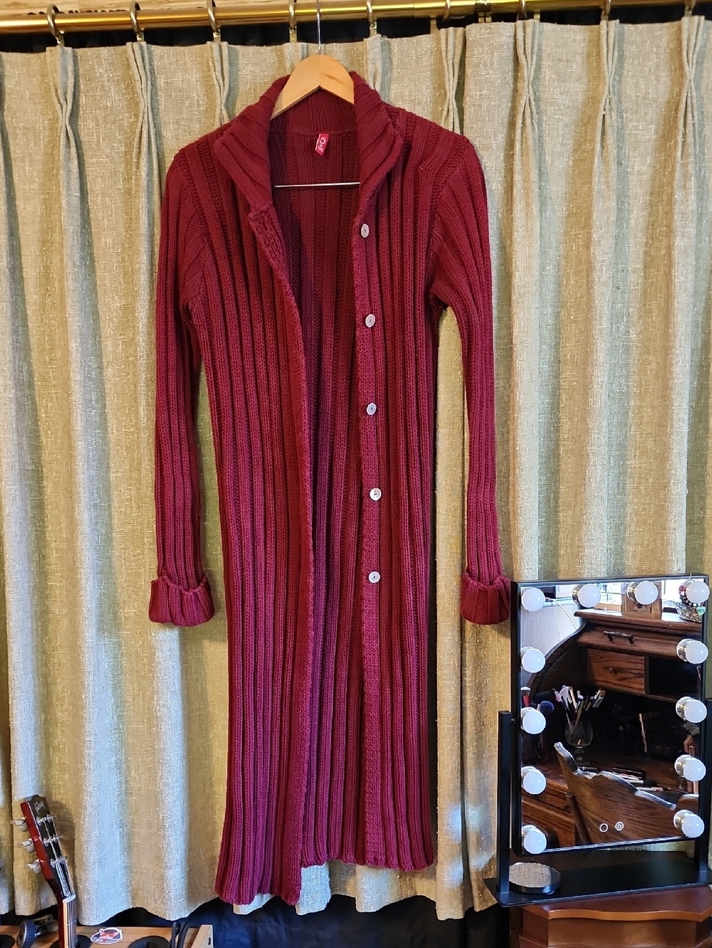 Long Ribbed Cardigan Duster in Deep Burgundy